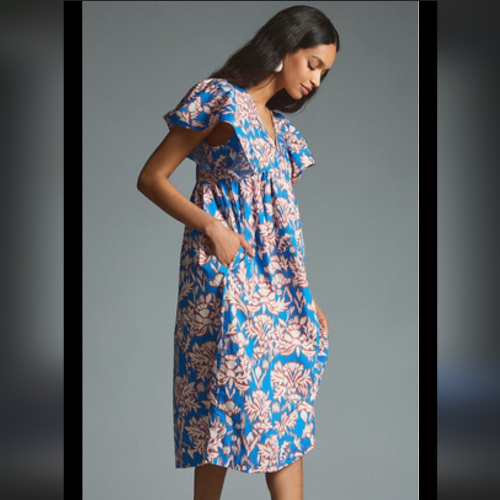 Anthropologie Blue Flutter Sleeve V Neck Midi Dress